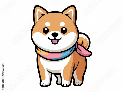 Cute Shiba Inu dog wearing colorful scarf, kawaii cartoon style illustration, adorable smiling puppy character, playful winter pet mascot for stickers, design, and digital art background