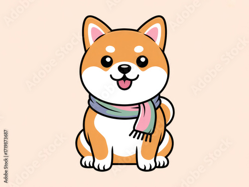 Cute Shiba Inu dog wearing colorful scarf, kawaii cartoon style illustration, adorable smiling puppy character, playful winter pet mascot for stickers, design, and digital art background