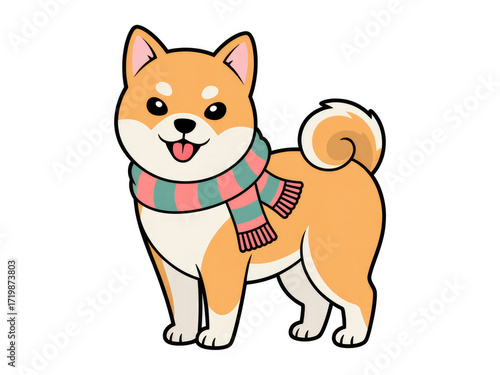 Cute Shiba Inu dog wearing colorful scarf, kawaii cartoon style illustration, adorable smiling puppy character, playful winter pet mascot for stickers, design, and digital art background
