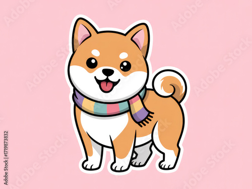 Cute Shiba Inu dog wearing colorful scarf, kawaii cartoon style illustration, adorable smiling puppy character, playful winter pet mascot for stickers, design, and digital art background