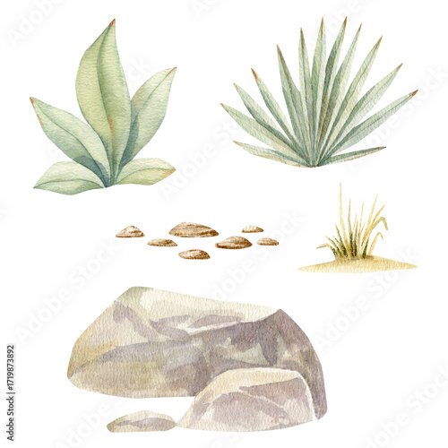 Watercolor Savannah and safari Elements Clipart Set – Stones, Grass, Leaves, Bushes, African Nature Illustration, Boho Greenery, Jungle Landscape Decorative Clip Art