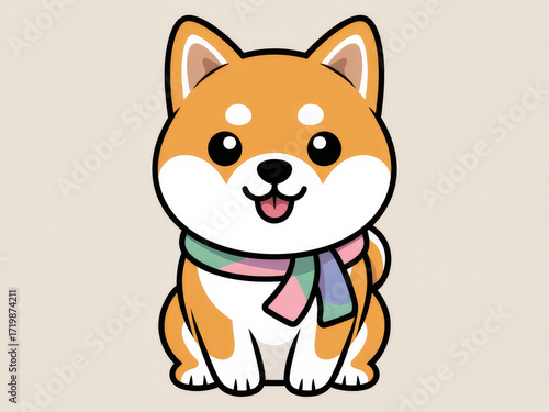Cute Shiba Inu dog wearing colorful scarf, kawaii cartoon style illustration, adorable smiling puppy character, playful winter pet mascot for stickers, design, and digital art background