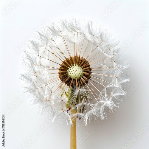 Macro photograph of a single dandelion clock with its fragile, feathery seeds, a symbol of childhood wishes and the beautiful cycle of nature