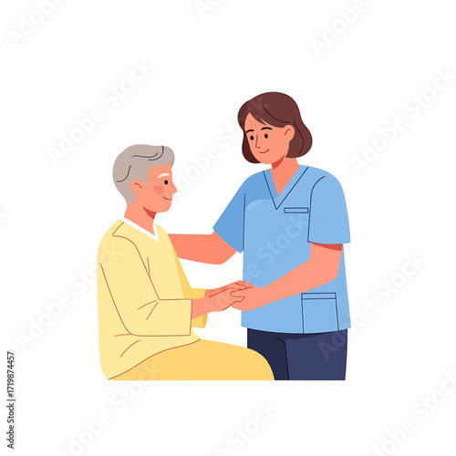 Caring Nurse Helping Elderly Patient Cartoon Illustration