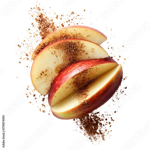 Png of three apple slices sprinkled with cinnamon isolated on transparent background, offering a delightful and flavorful treat