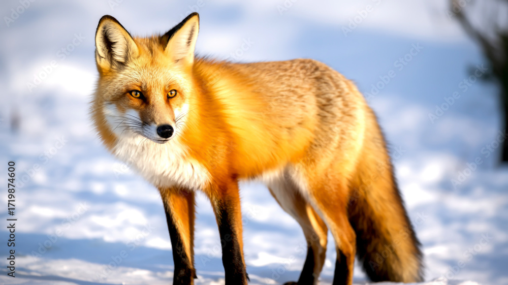 Obraz premium Majestic red fox standing in a snowy landscape, its vibrant fur contrasting against the white snow, a symbol of wilderness and resilience