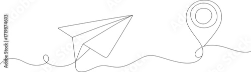 Paper airplane flying towards location marker flight journey