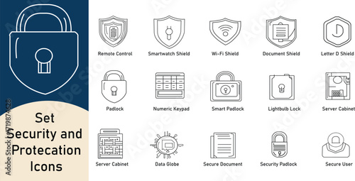Security & Protection Icons Set: Padlock, Shields, Data, Documents, Server Cabinets, & User Icons - Outline Style Vector Graphics