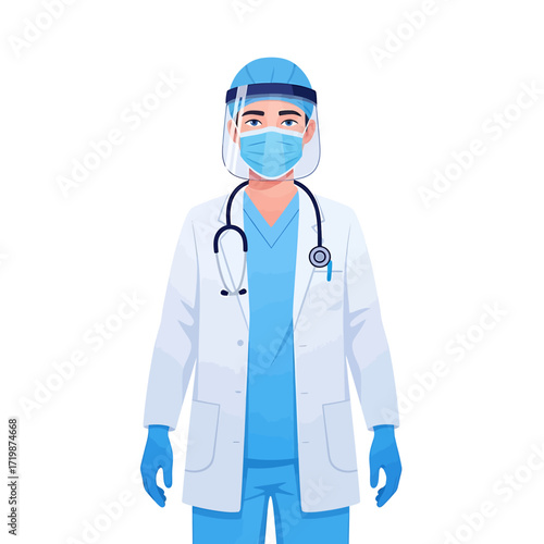 Healthcare Worker Wearing PPE: Mask, Face Shield, Gloves, and Stethoscope, Isolated on White Background