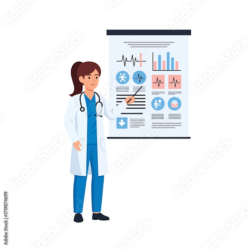 Female Doctor Presenting Medical Data on Whiteboard, Healthcare Illustration