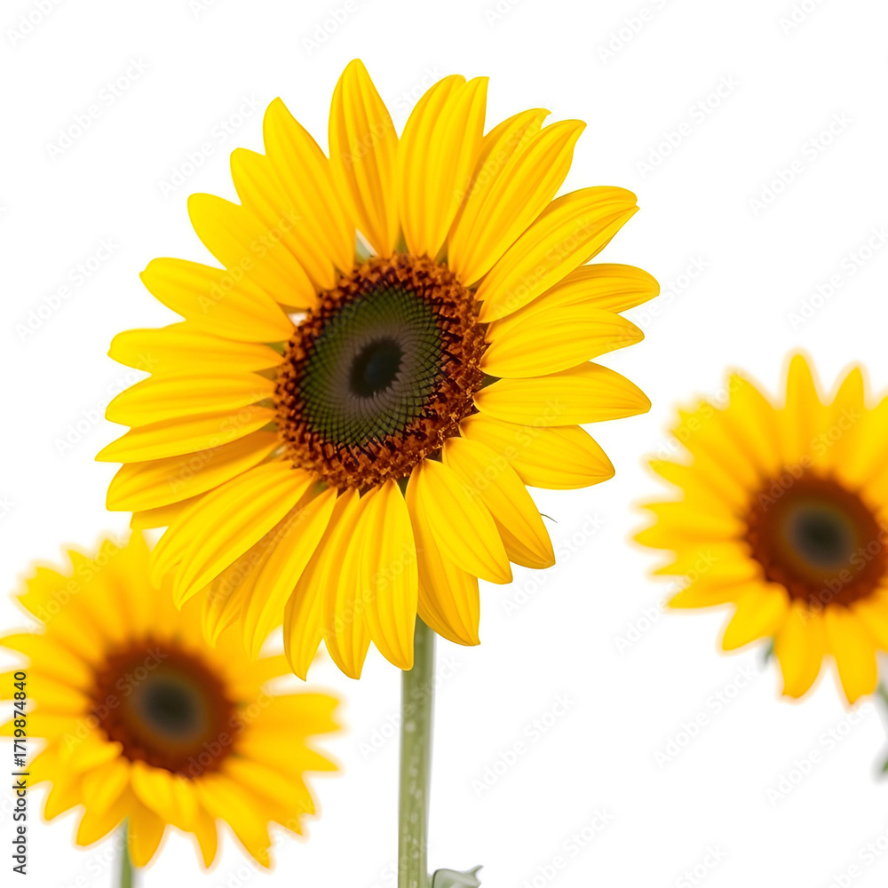 Obraz premium A single bright yellow sunflower with green leaves and stem isolated on transparent background A single bright yellow sunflower with green leaves and stem isolated on transparent background
