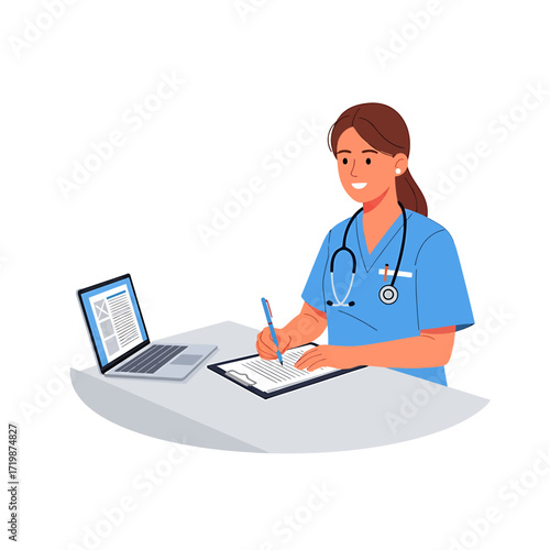 Woman Doctor or Nurse Taking Notes with Laptop Illustration