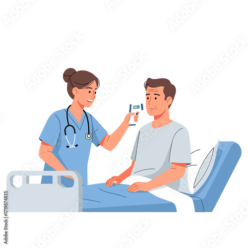 Nurse Checking Patient's Temperature with Infrared Thermometer Illustration