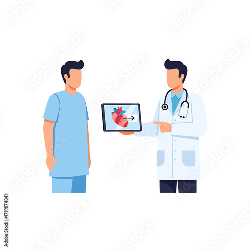 Doctor Showing Human Heart Anatomy on Tablet to Patient, Medical Consultation Vector Illustration