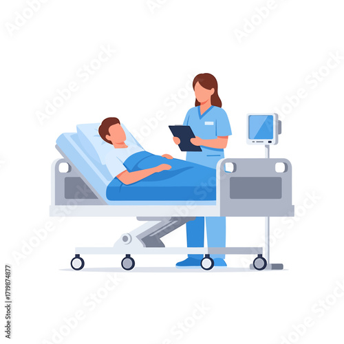 Nurse Checking Patient in Hospital Bed, Medical Care Illustration