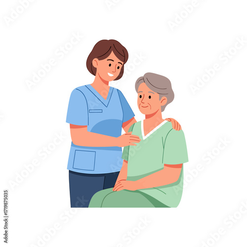 Nurse Taking Care of Senior Woman Patient, Home Healthcare Concept Vector Illustration