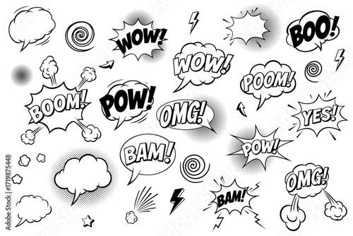 Comic book style sketch. Speech bubble with explosion and text. Set of hand-drawn comic strips with the text "BOOM, WOW, BAM, OMG, BANG. POW" Vector illustration.