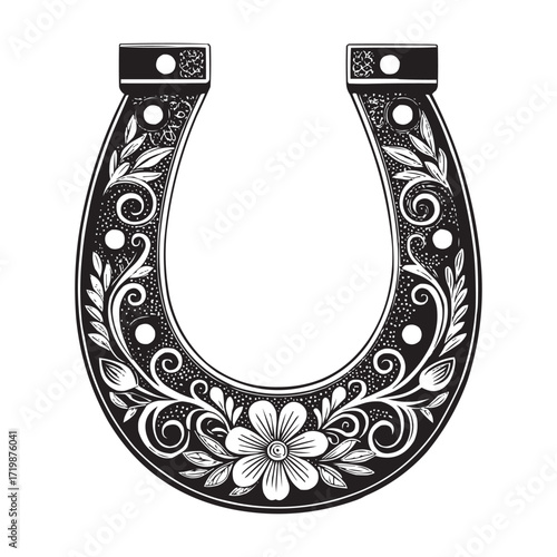 Floral Horseshoe Vector Illustration – Lucky Charm with Decorative Flowers and Ornaments