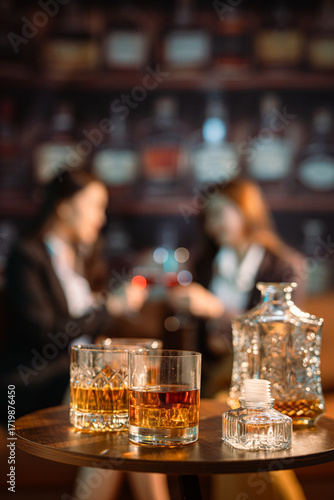 Bartender Serve Whiskey, on wood bar, 