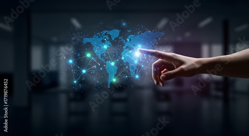 Hand touching digital world map with glowing network connections and data points