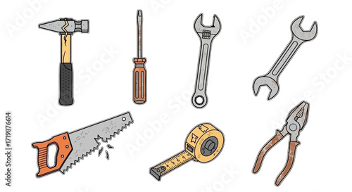 Collection of various hand tools for construction and repair work.