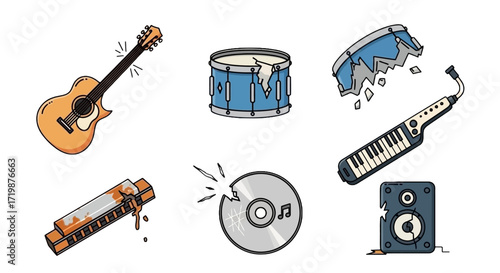 Damaged Musical Instruments Guitar Drum Harmonica CD Keyboard Speaker.