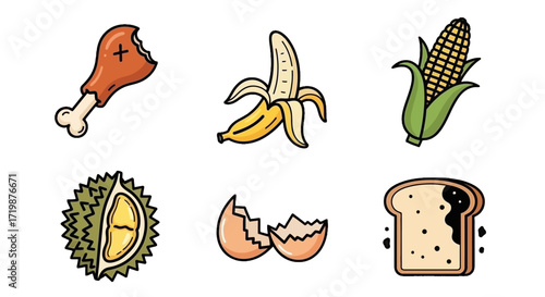 Foods include fruit, vegetables, and leftover meat and moldy bread