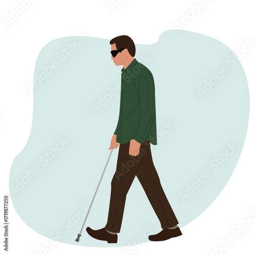 vektor Young blind Caucasian man in dark glasses with a walking cane, 