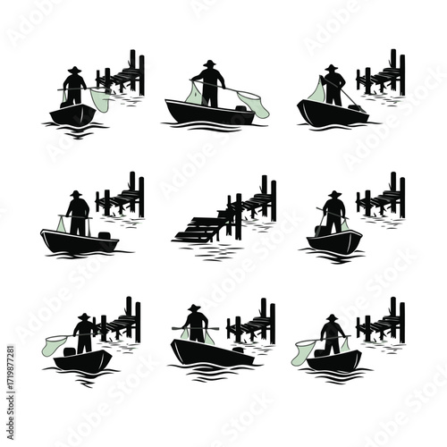 Vector art of fisherman in a boat with a net near a dock