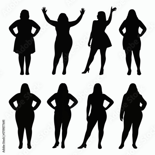 A diverse collection of black silhouettes featuring plus-size women in confident and stylish poses for body positivity concepts