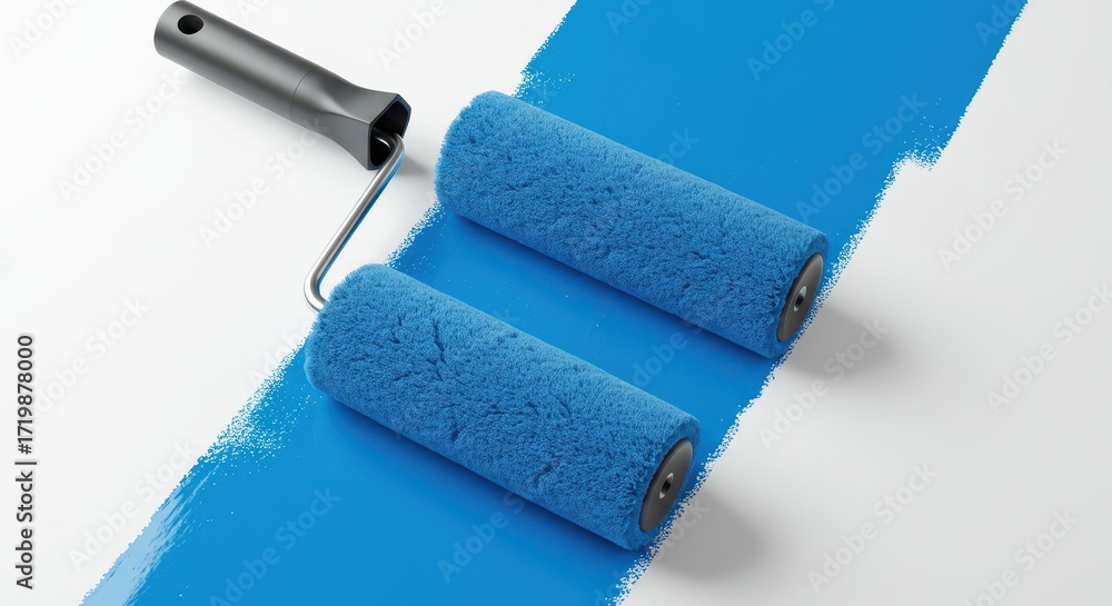 Obraz premium Two paint rollers apply a vibrant blue coat of paint across a surface.