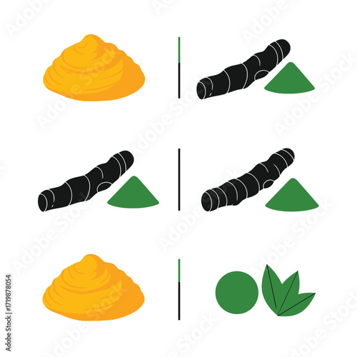 Vector art of turmeric powder, root, and leaves