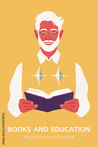 A happy elderly man is holding an open book in his hands. A grandfather. Concept of education, learning and knowledge. Libraries and bookstores. Vector flat illustration