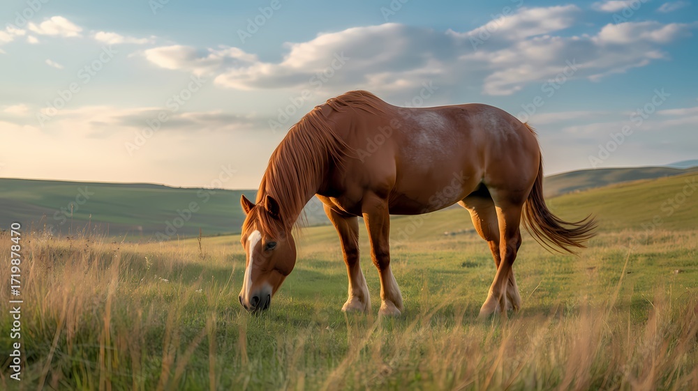 Obraz premium A horse grazing in a field with a blue sky and rolling hills in the background