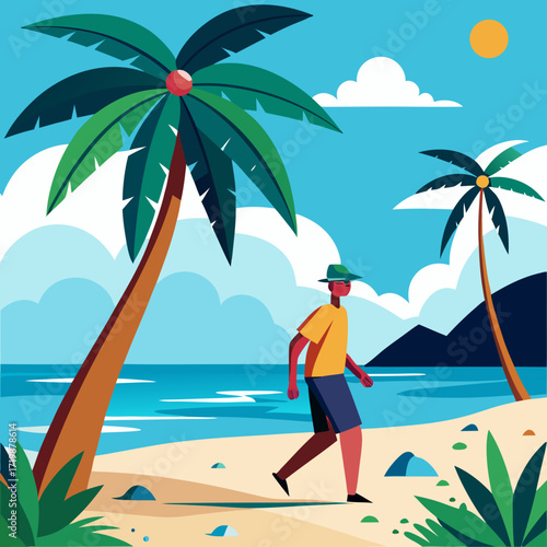 Escape to paradise with a stroll on a sun-kissed beach, palm trees swaying in the breeze, perfect for travel blogs, vacation promotions, and summer getaway designs, a tropical dream