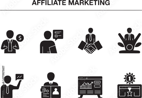Collection of Professional Affiliate Marketing Silhouette Icons Representing Business Collaboration and Growth Opportunities