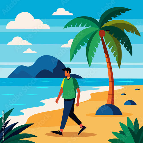 Enjoying a relaxing beach vacation with vibrant tropical scenery and peaceful ocean views, perfect for travel blogs, lifestyle content, and summer promotions, originally a scalable vector graphic