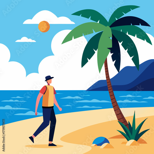 Man enjoying a relaxing walk on the beach under the warm sun, a perfect getaway to a tropical paradise with palm trees, ideal for travel and vacation themes