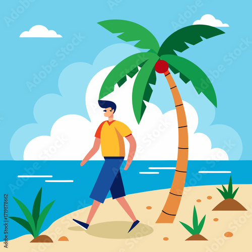 Man enjoying a tropical beach stroll near a swaying palm tree, embracing the serene island lifestyle with bright skies and calm ocean waters, perfect for vacation vibes and summer relaxation
