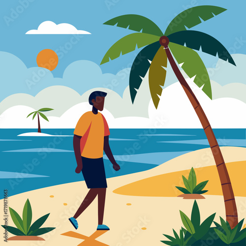 Relaxing beach vacation scene featuring a stylish man strolling along the sandy shore near palm trees, perfect for travel brochures and summer promotions, originally from scalable vector graphics