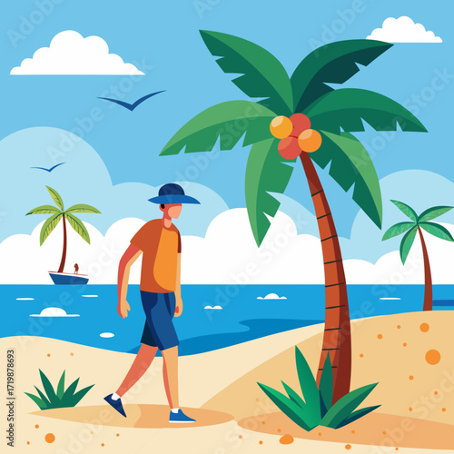 Escape to Paradise: Man strolling along a sun-kissed beach with swaying palm trees, tranquil ocean views, and a sense of blissful relaxation, perfect for travel and vacation vibes