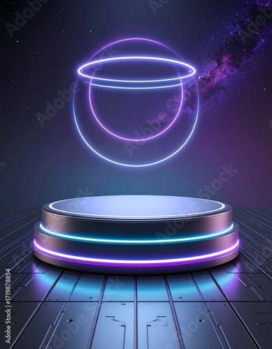 Vibrant neon-lit display platform with glowing geometric rings against a mysterious cosmic backdrop, perfect for abstract product showcases and futuristic presentations