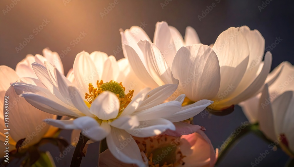 Fototapeta premium Close-up of several white flowers with translucent petals, illuminated by warm sunlight, creating a soft and dreamy atmosphere