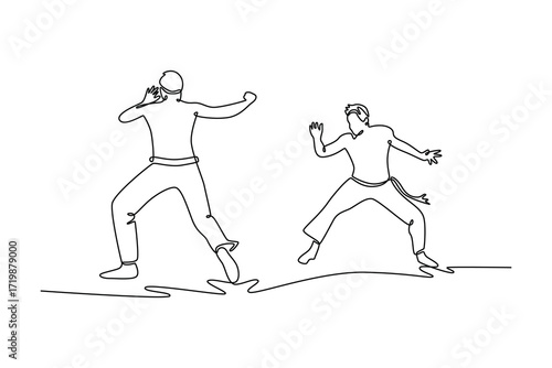 Continuous one line drawing two figures engaged in the jinga, the foundational motion of Capoeira, showcasing their readiness to move and interact. Single line draw design vector graphic illustration