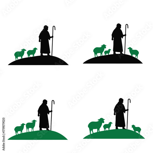 Vector art of shepherd with sheep silhouette on green hill