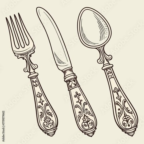 Elegant vintage silverware set with ornate floral details and classic design, perfect for upscale dining or antique collections, timeless sophistication