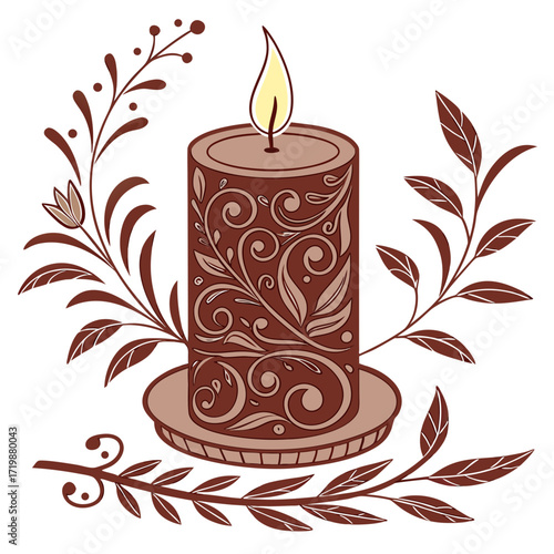Elegant brown candle with floral designs and a warm glow surrounded by decorative branches for a cozy and inviting atmosphere