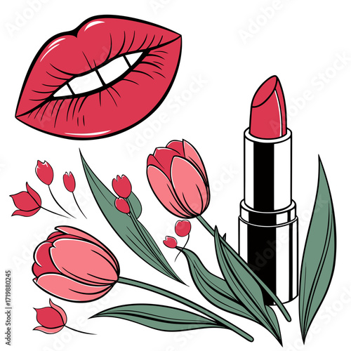 Elegant lipstick and tulip floral arrangement for beauty and cosmetic product promotion and feminine designs with a modern style