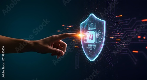 Human Finger Touches Futuristic AI Shield on Digital Circuit Board Background