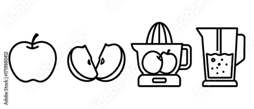 Step-by-step process of making fresh apple juice, from a whole apple to cutting it and using a juicer to create a delicious and healthy beverage.